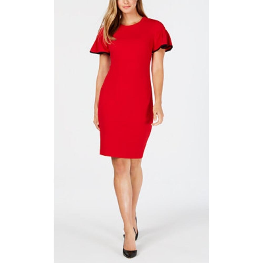 NEW! CALVIN KLEIN RED SHEATH DRESS SHORT RUFFLE SLEEVE SIZE 8 COCKTAIL BUSINESS